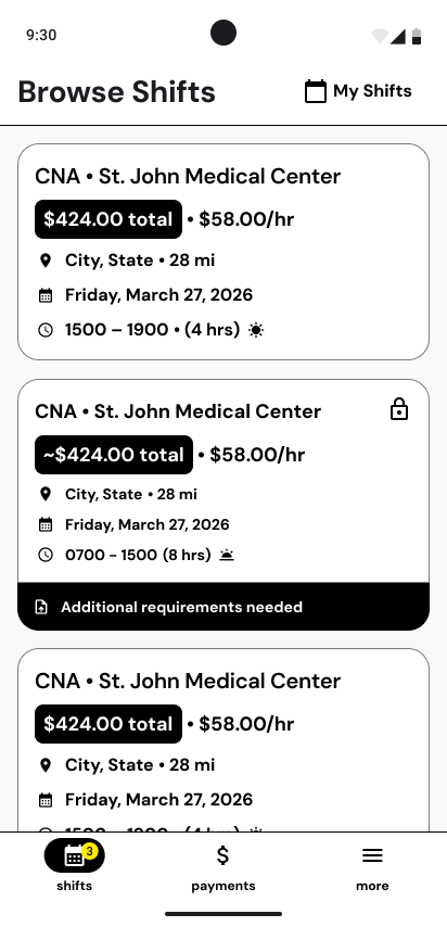 SimplyShifts app browse-shifts screen
